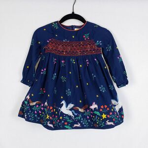 Mini Boden Girls 3-4Y Whimsical Dress Smocked Pegasus Storybook Magical Blue